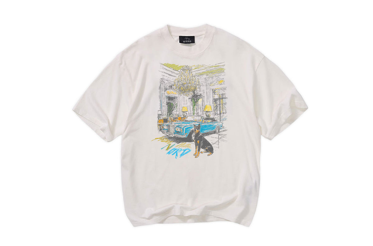 Nord Hidden Villa Tee in Chalk White - oversized vintage graphic tee with Doberman, Rolls-Royce and estate chandelier illustration