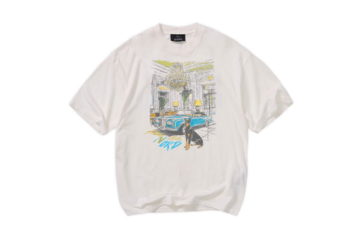 Nord Hidden Villa Tee in Chalk White - oversized vintage graphic tee with Doberman, Rolls-Royce and estate chandelier illustration