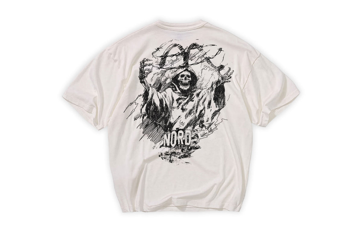 Nord Hidden Hills Tee in Chalk White - oversized heavyweight tee with reaper graphic and Nord wordmark