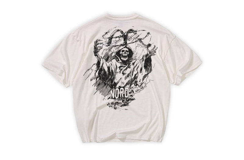 Nord Hidden Hills Tee in Chalk White - oversized heavyweight tee with reaper graphic and Nord wordmark