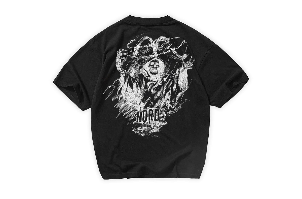 Nord Hidden Hills Tee in Jet Black - oversized heavyweight tee with reaper graphic and Nord wordmark
