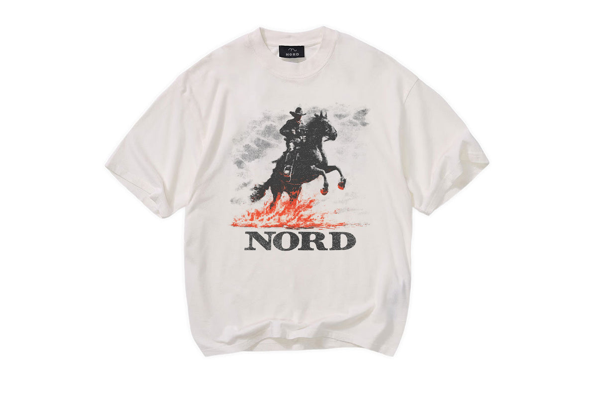 Nord Lone Ride Tee in Chalk White - oversized vintage graphic tee with horseman and flame print