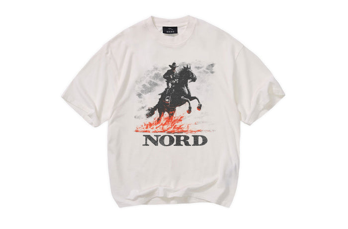 Nord Lone Ride Tee in Chalk White - oversized vintage graphic tee with horseman and flame print