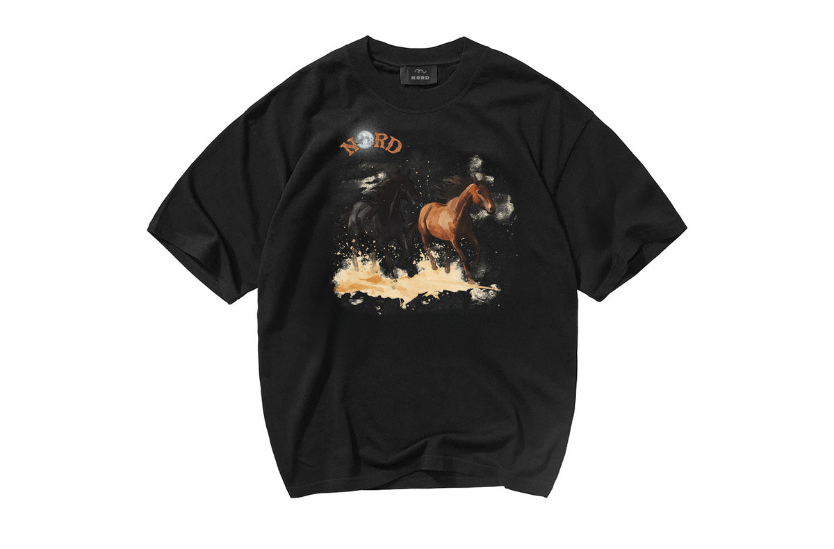 Nord Midnight Run Tee in Jet Black - oversized vintage graphic tee with running horses and moonlight print
