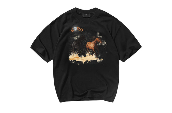 Nord Midnight Run Tee in Jet Black - oversized vintage graphic tee with running horses and moonlight print