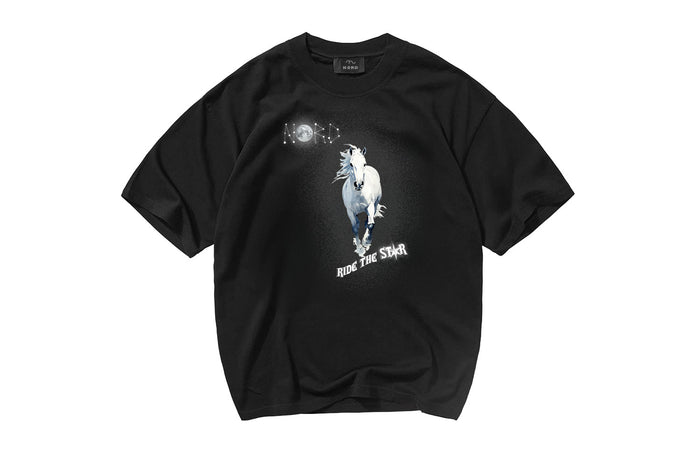 Nord Ride the Star Tee in Jet Black - oversized vintage graphic tee with white horse and moonlight print